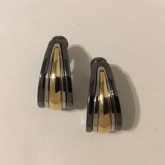 3 Tone Earrings Open Half Hoop Gold Silver Gun Metal Layered Clip-On Classy - Picture 1 of 9